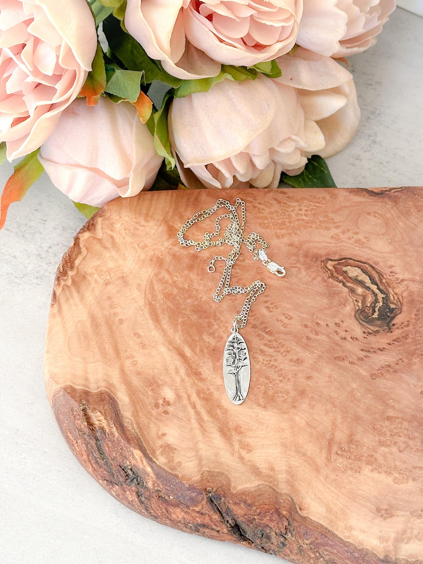 Mighty Sequoia Tree Oval Necklace - Sterling Silver