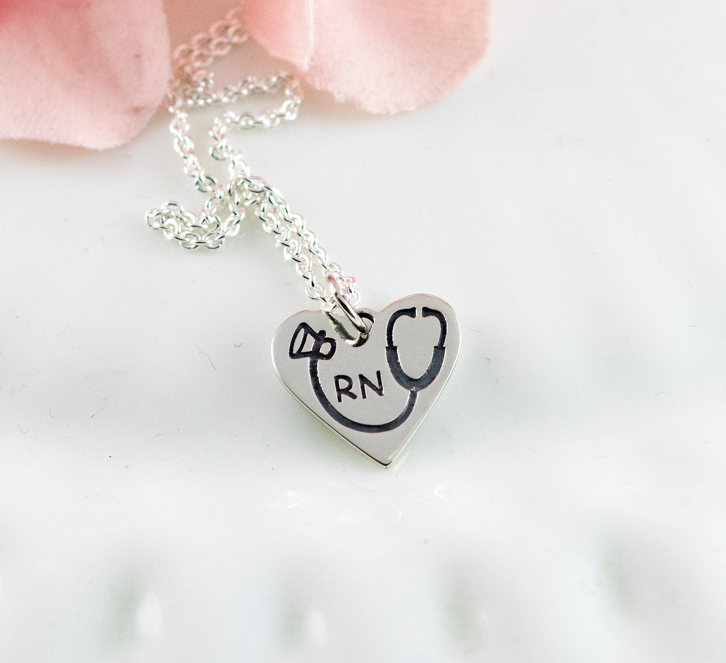 Sterling silver RN nurse heart necklace