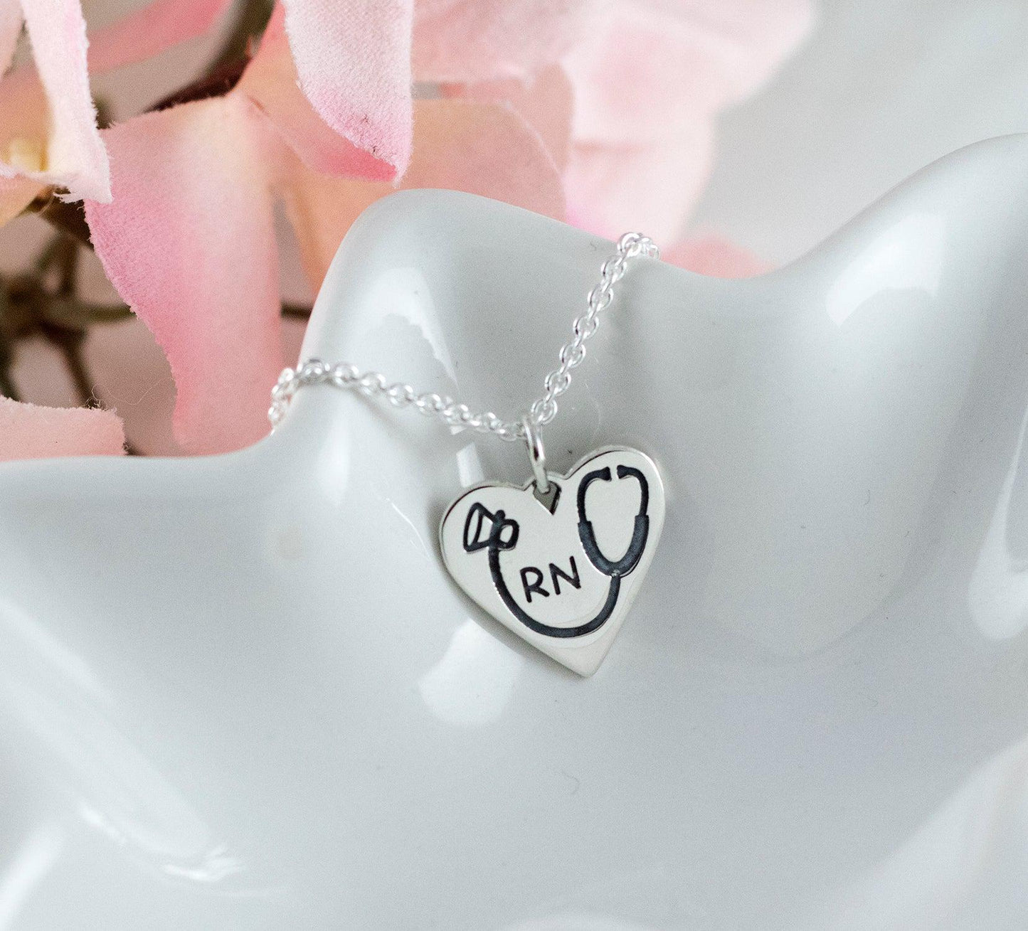 Sterling silver RN nurse heart necklace