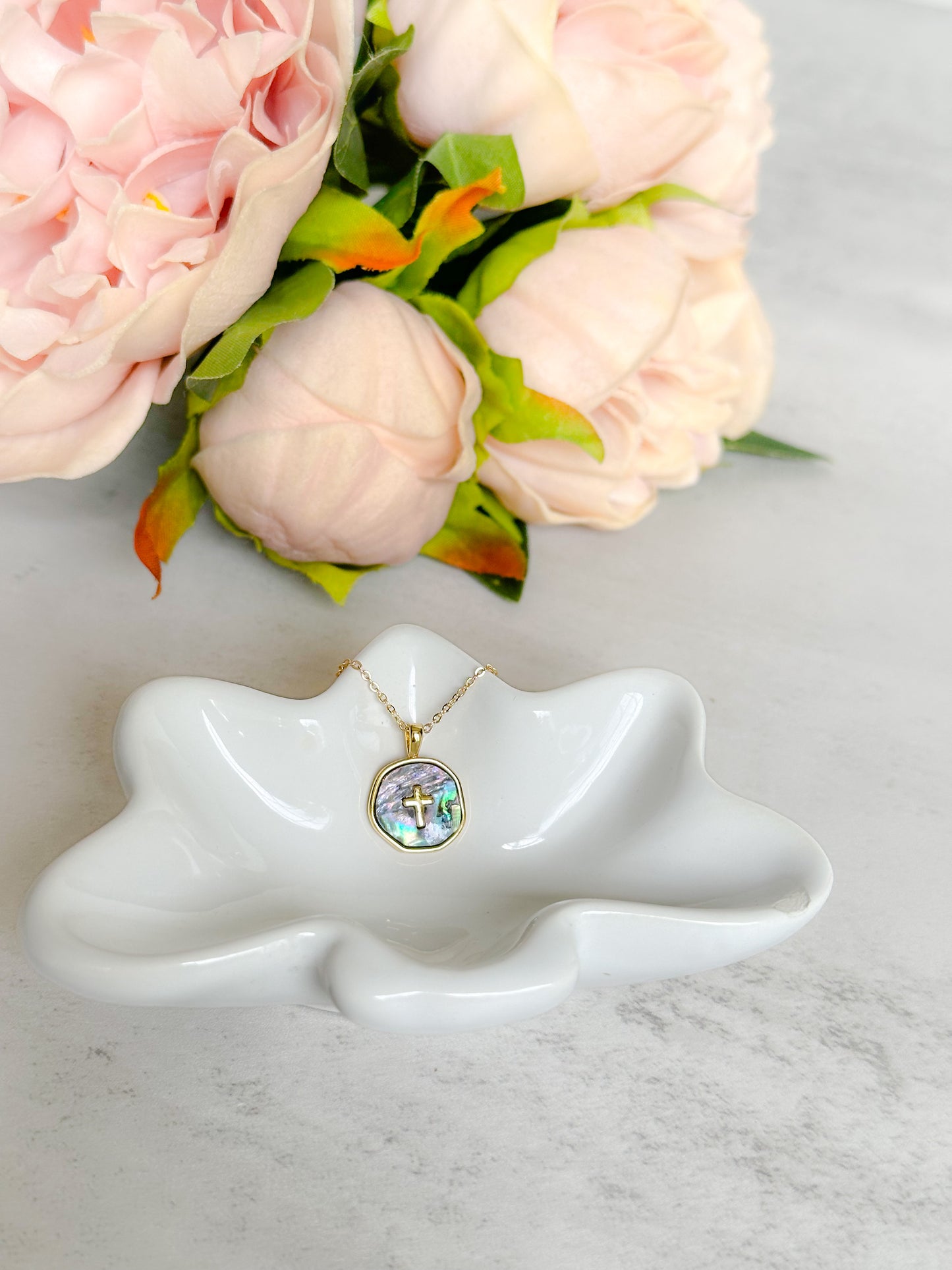 Abalone Shell and Gold Cross Necklace