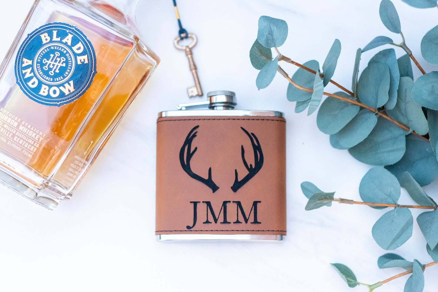 Personalized Leather Flask with Deer Antlers