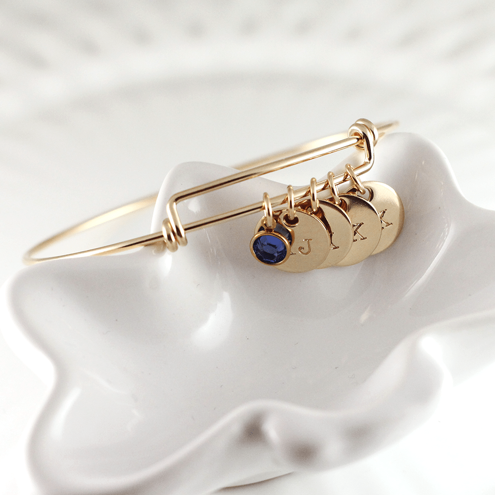 Gold Initial Bangle with Birthstones