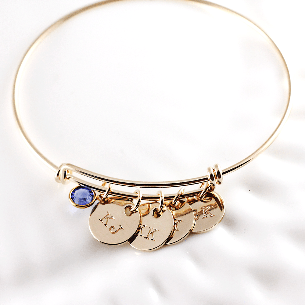 Gold Initial Bangle with Birthstones