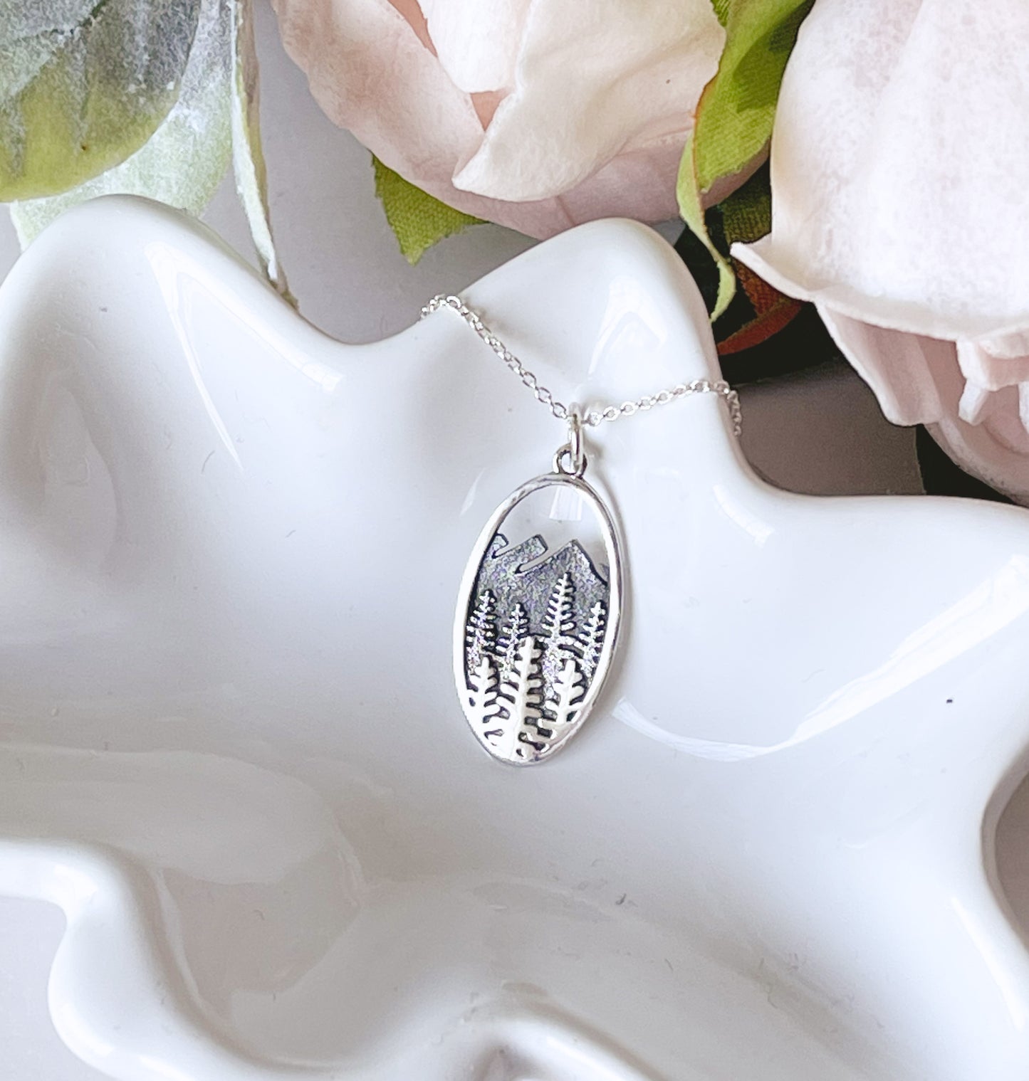 Mountain and Forest Oval Necklace - Sterling Silver