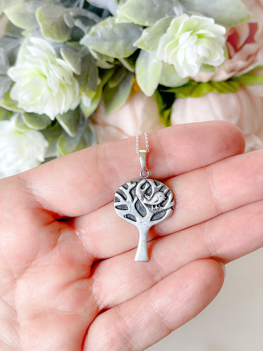 Sterling silver bird in a tree necklace
