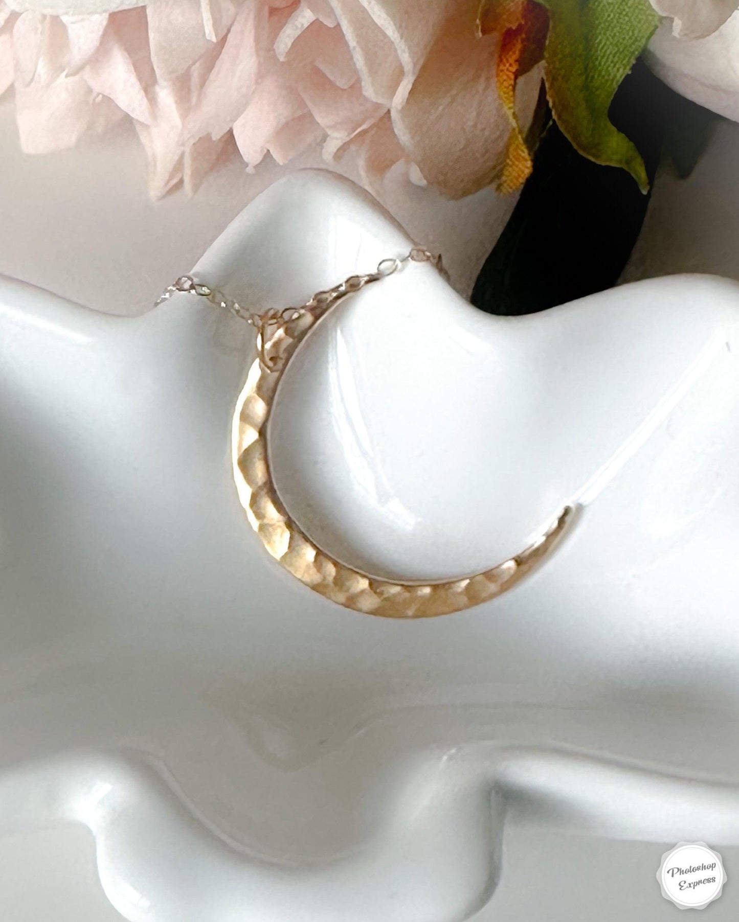 Gold plated hammered crescent moon necklace