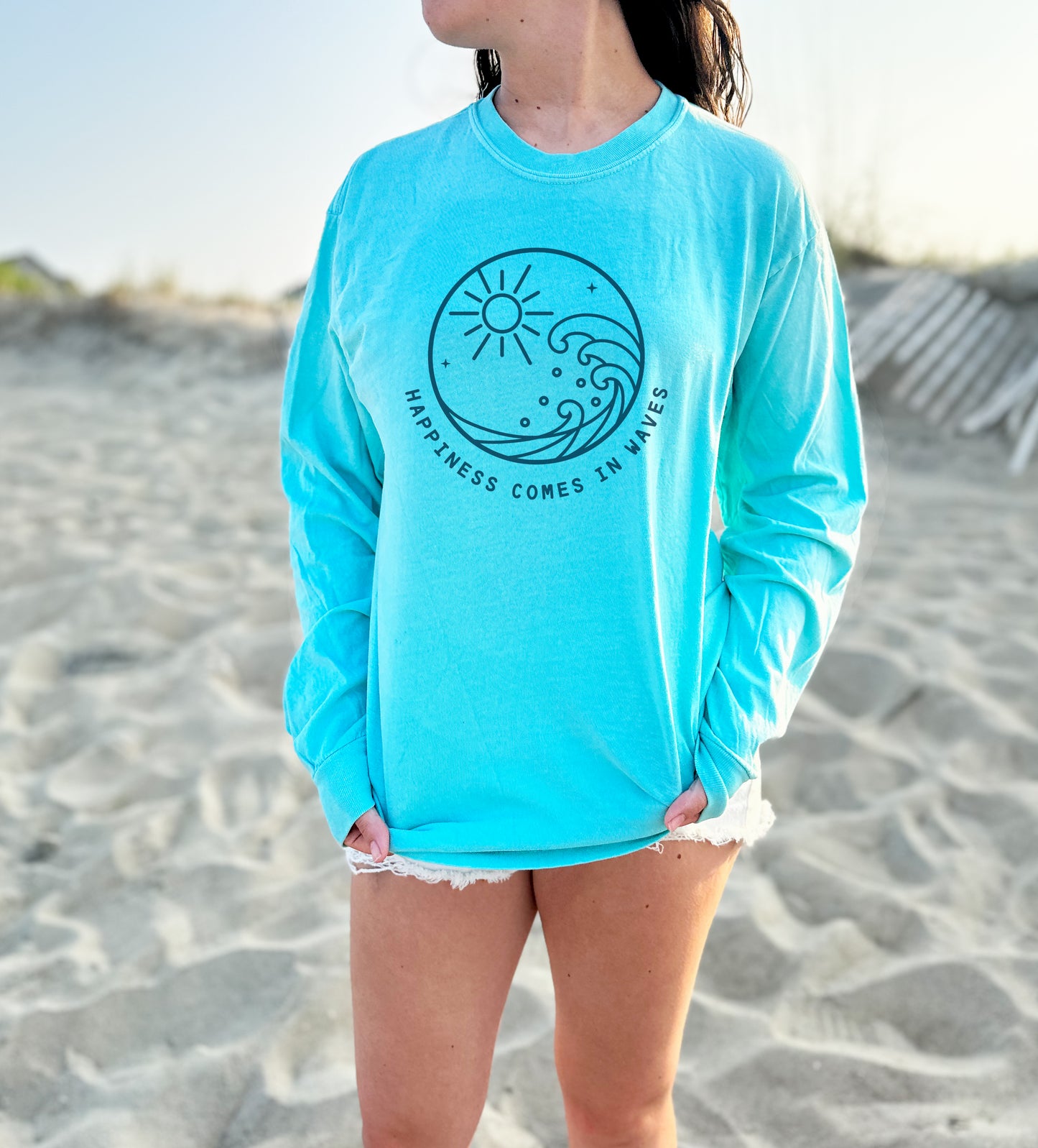 Happiness Comes in Waves Long Sleeve Comfort Colors Tee
