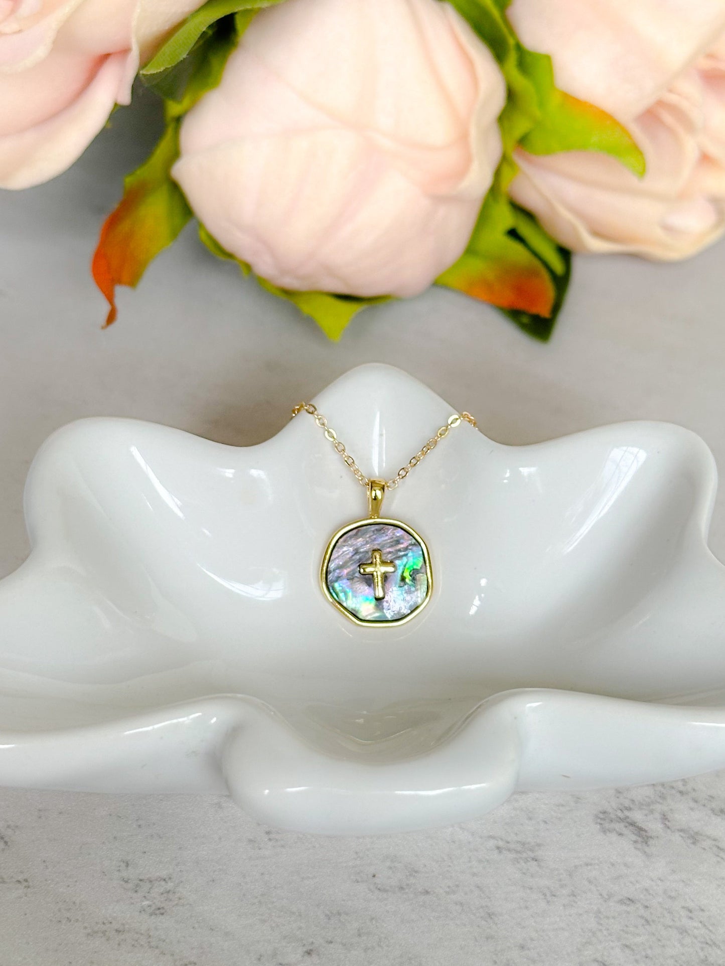 Abalone Shell and Gold Cross Necklace