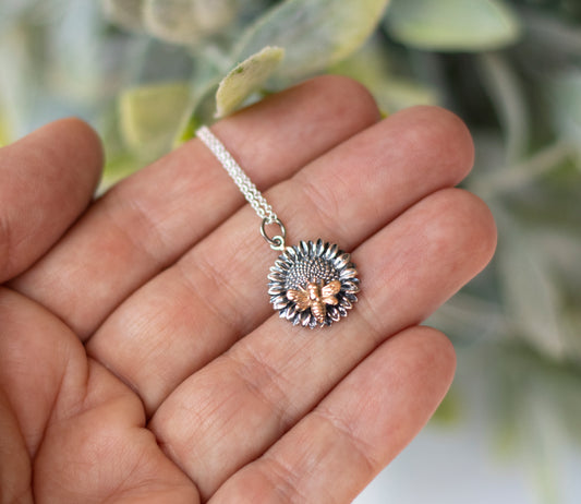Sterling Silver Sunflower with Bee Necklace