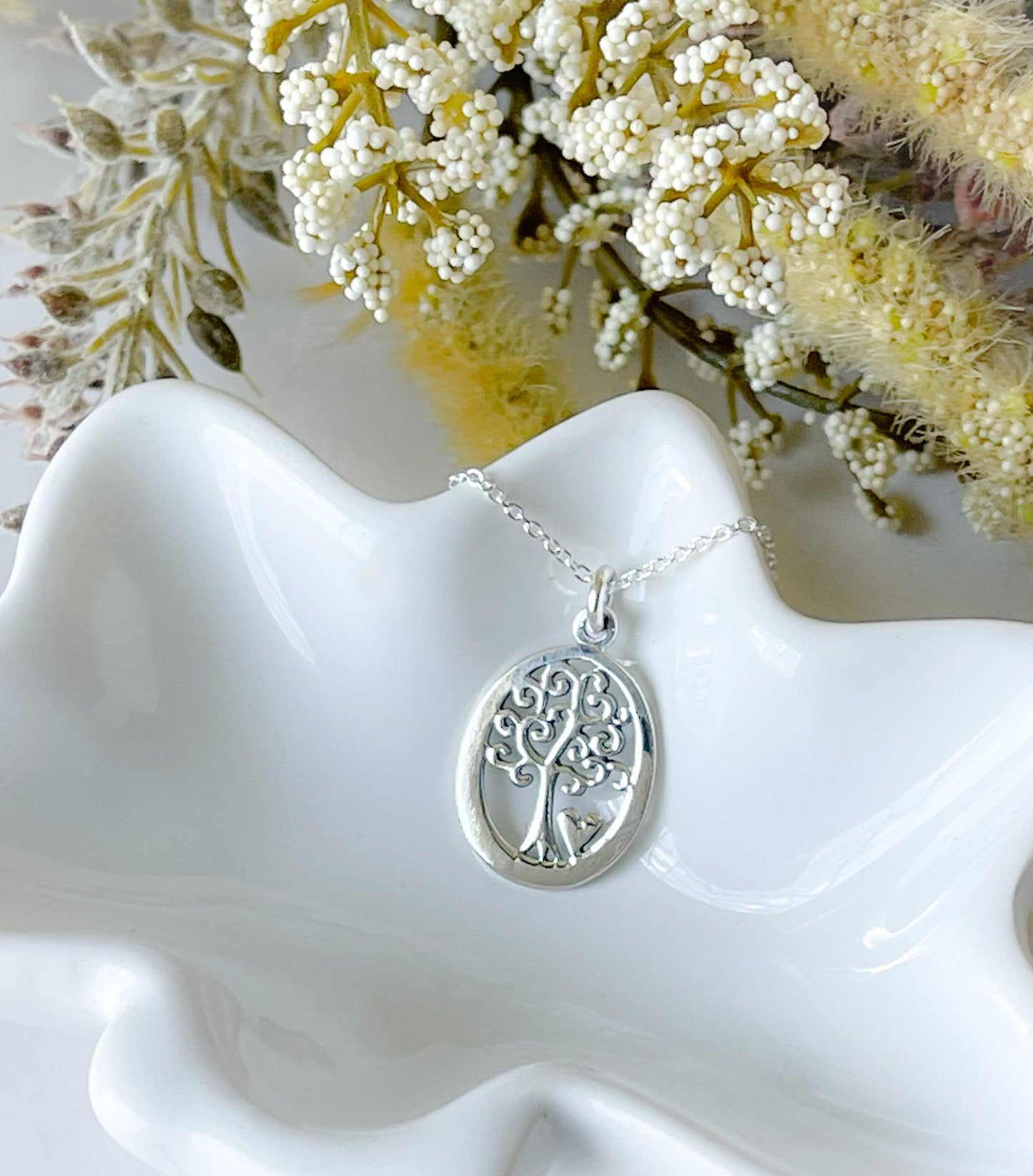 Sterling silver oval tree with heart necklace