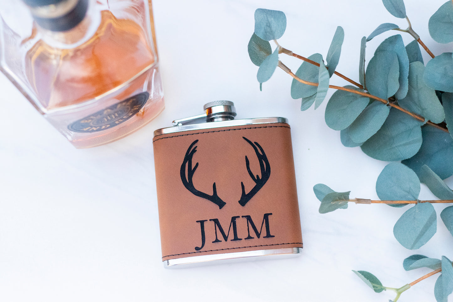 Personalized Leather Flask with Deer Antlers