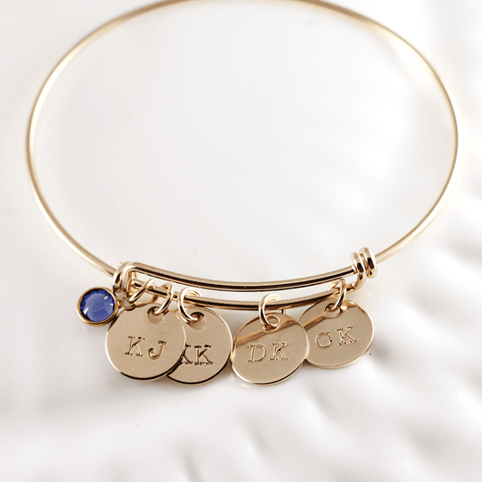 Gold Initial Bangle with Birthstones