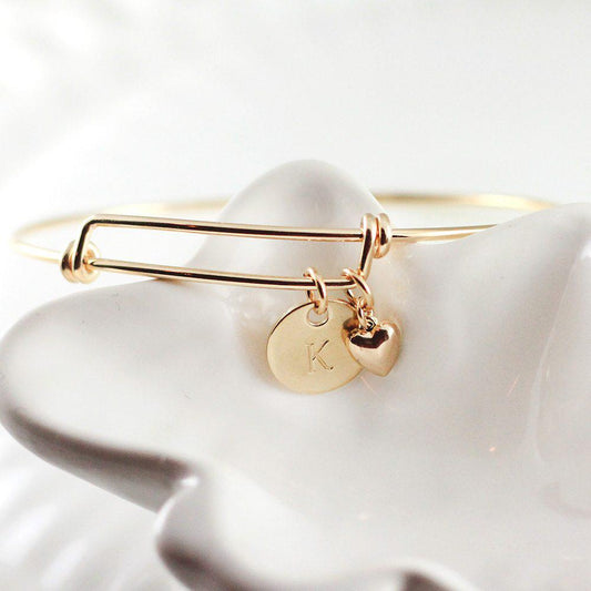 Gold Initial Bangle with Heart