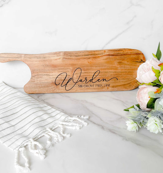Custom engraved acacia wood cheese board with handle