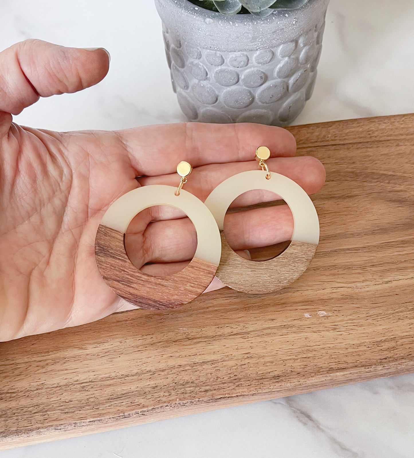 Wood and resin modern large hoop earrings
