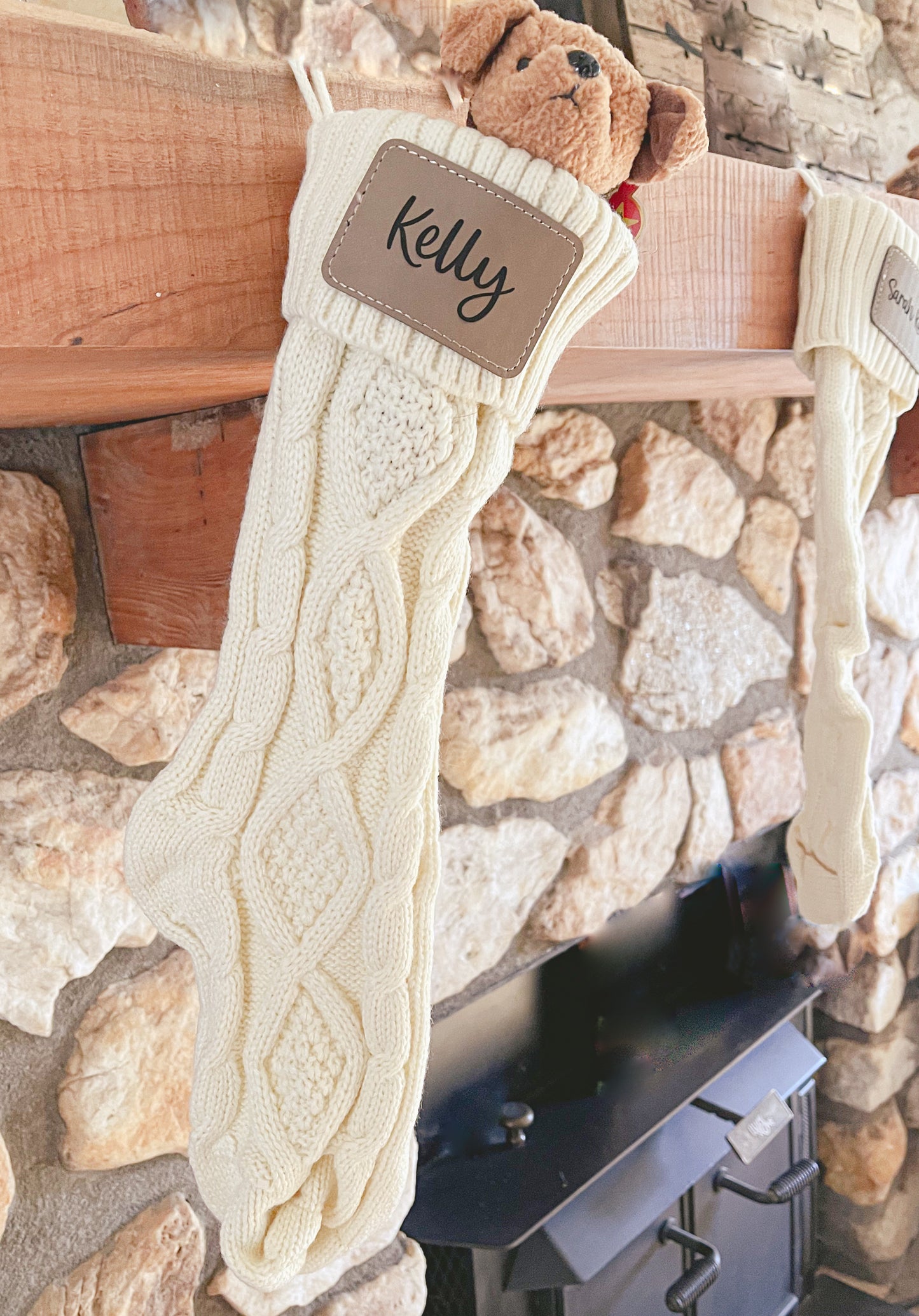 Personalized Knit Christmas Stockings with Leather Patch