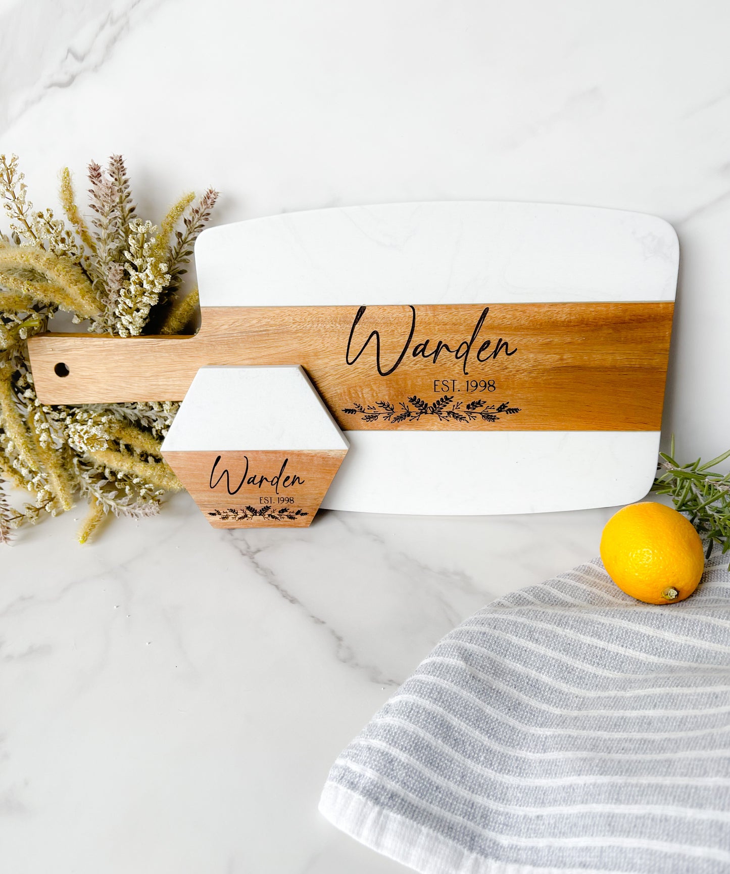 Personalized Wood and Marble Cutting Board and Coasters