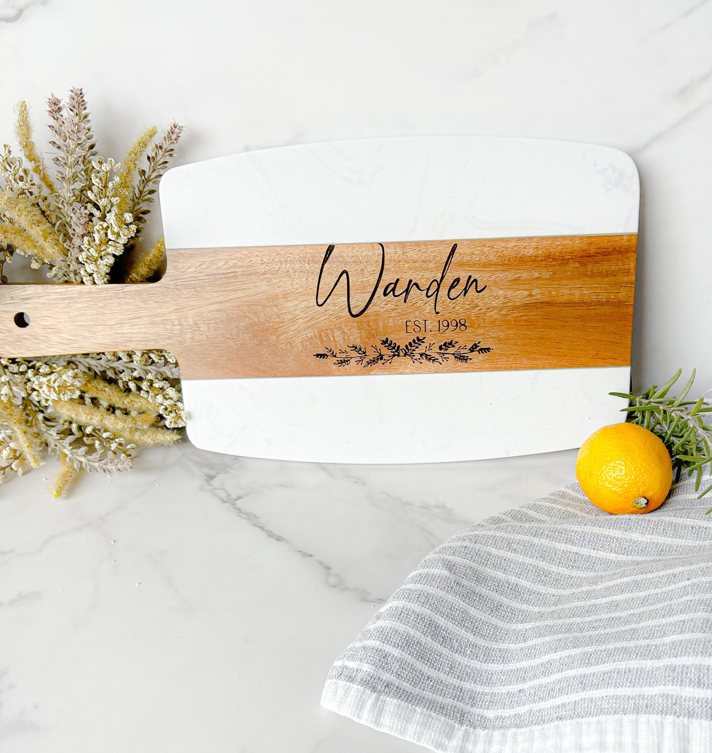 Personalized Wood and Marble Cutting Board and Coasters
