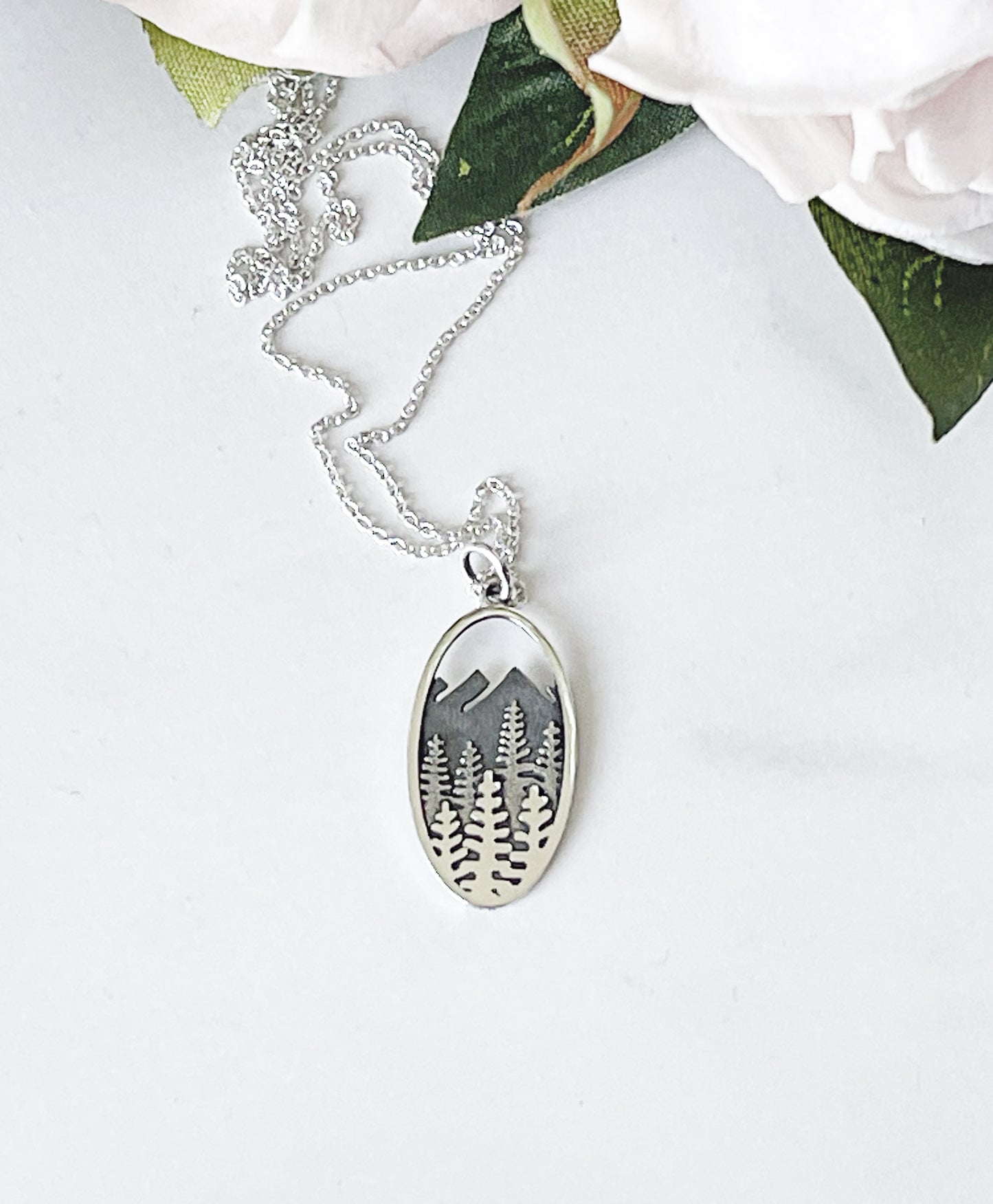 Mountain and Forest Oval Necklace - Sterling Silver