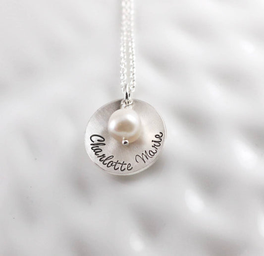 Simple Name Disc Necklace with Pearl