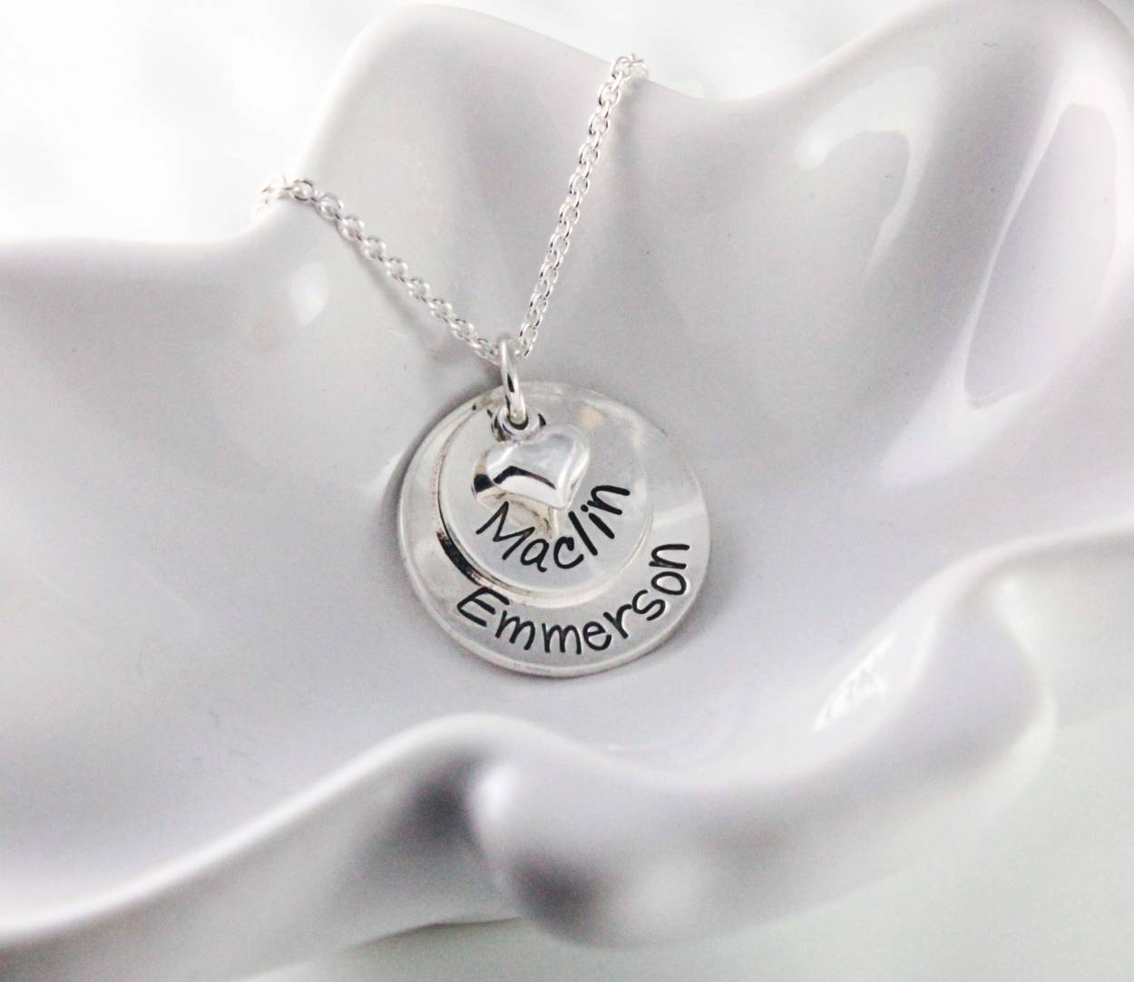 Sterling silver stacked name necklace with heart charm