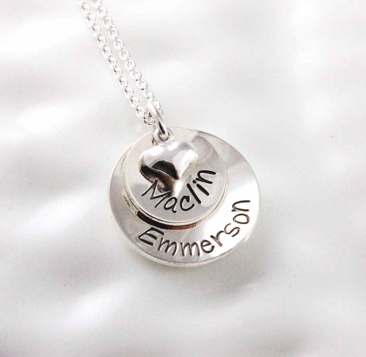 Sterling silver stacked name necklace with heart charm