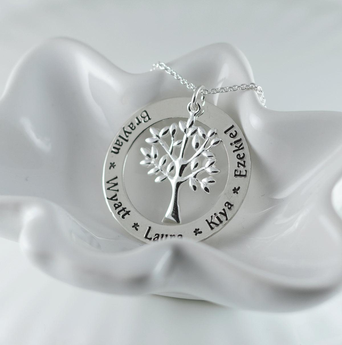 Sterling silver family tree name necklace