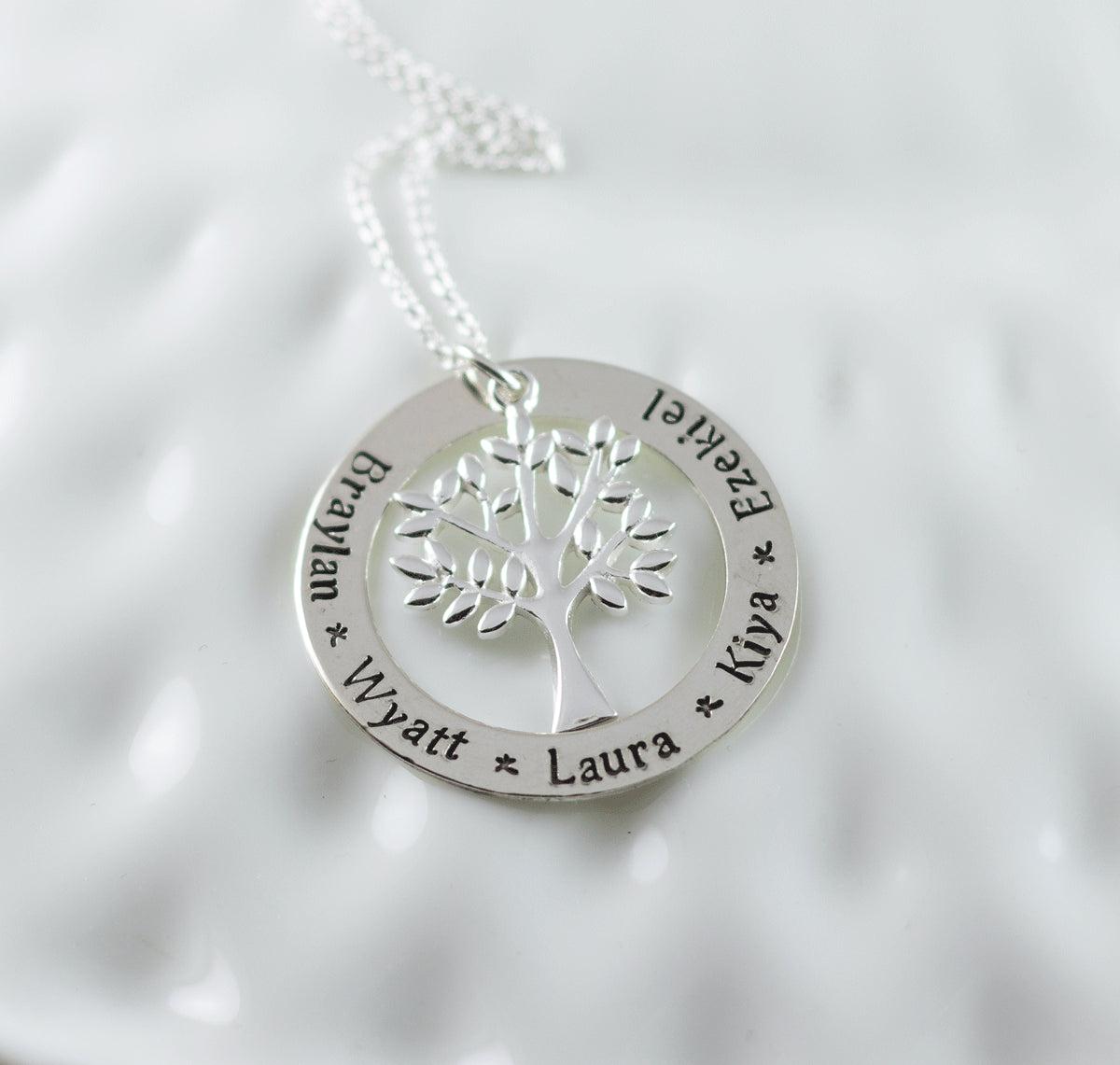 Sterling silver family tree name necklace