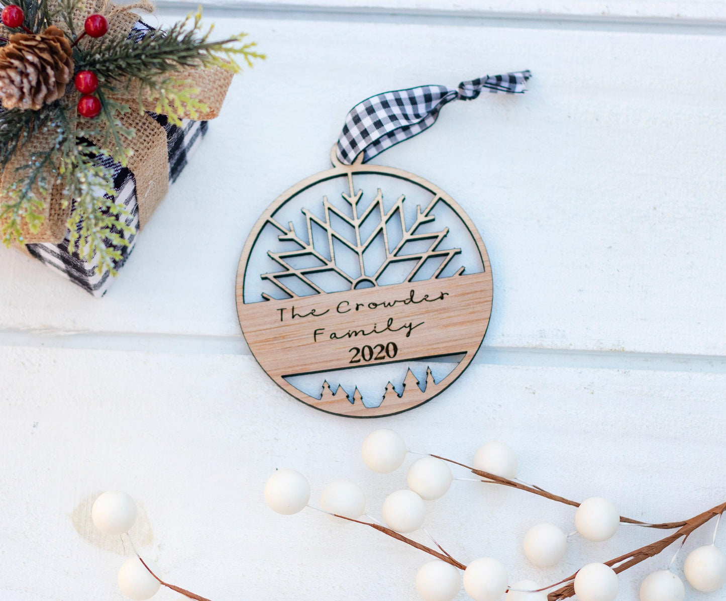 Snowflake Wood Ornament with Engraved Family Name